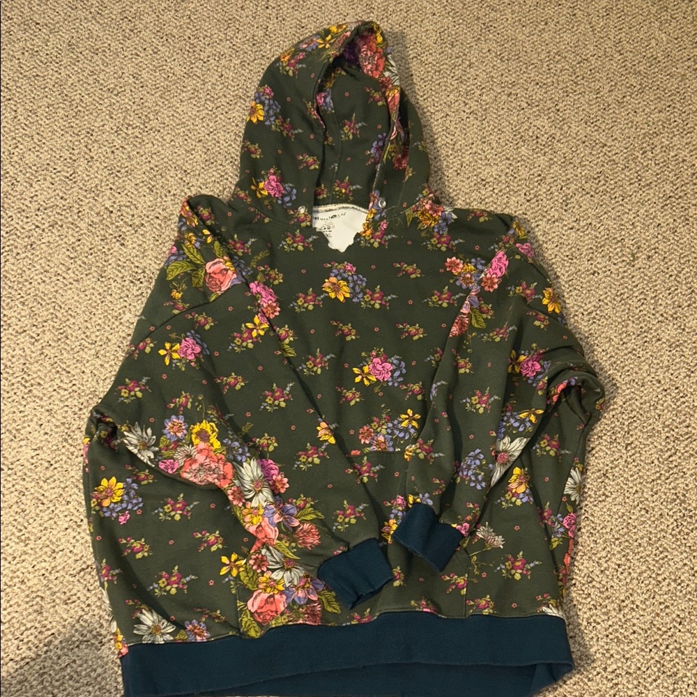 NATURAL LIFE Olive Floral Hooded Sweatshirt with Pink & Yellow Blooms- XL oversi - Picture 2 of 8